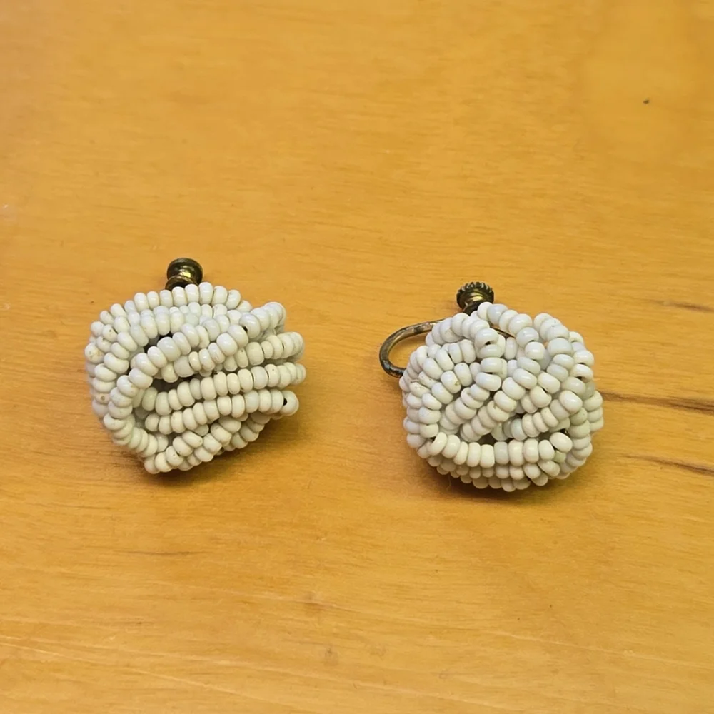 Vintage white beaded clip on earrings